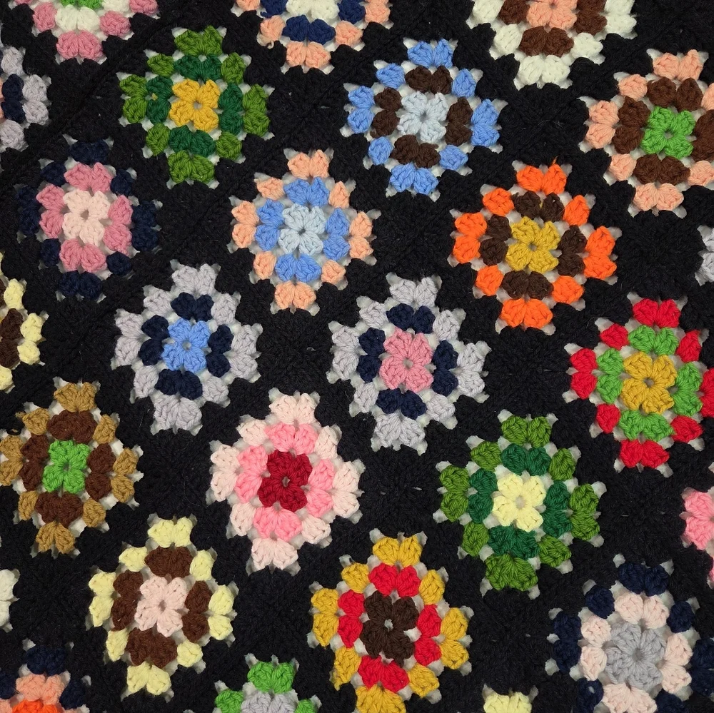 Handmade Crochet‎ Granny Square Blanket Afghan Black Multicolor Boho 41x68